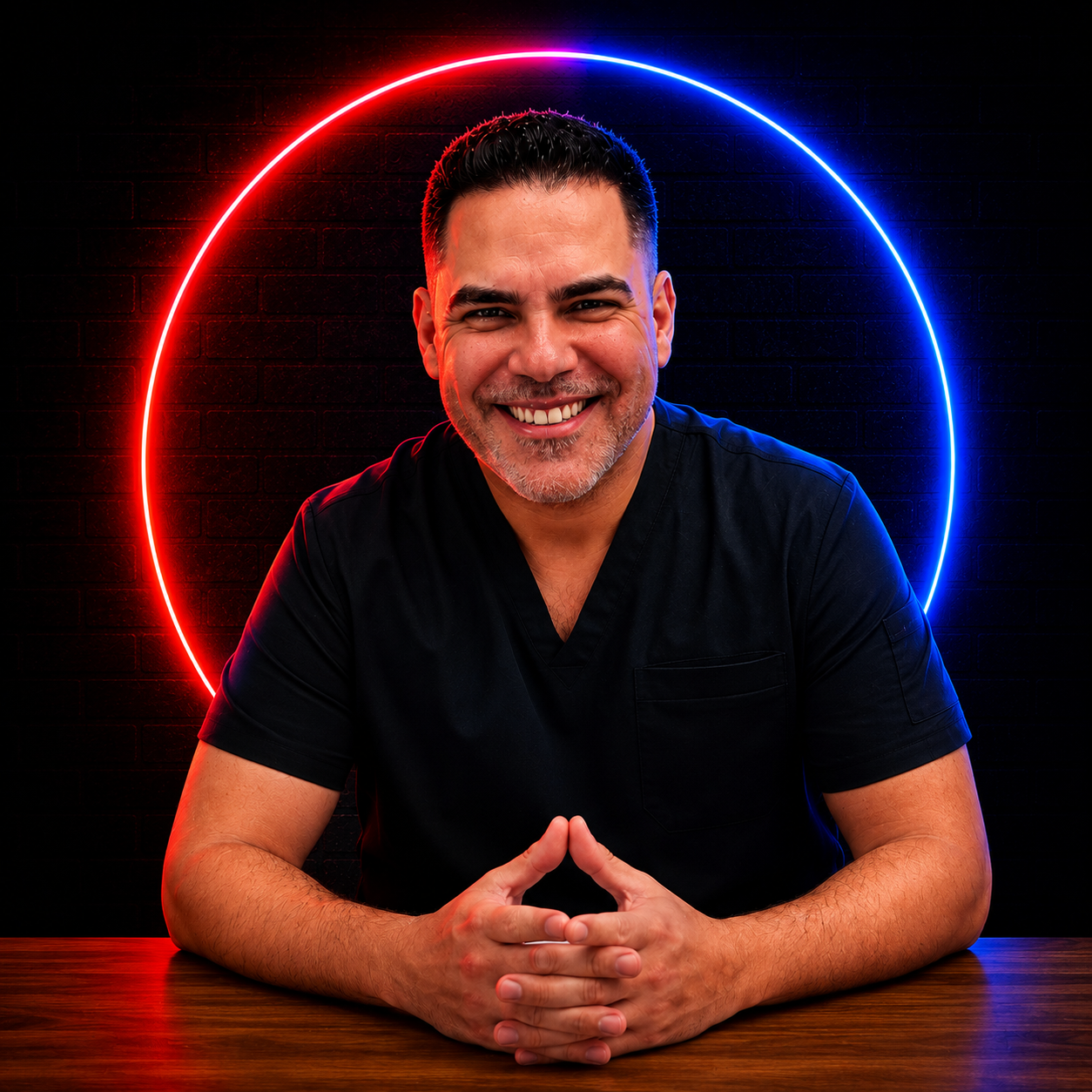 Dr. Javier Lillo con scrubs negros y un círculo de neón rojo y azul de fondo